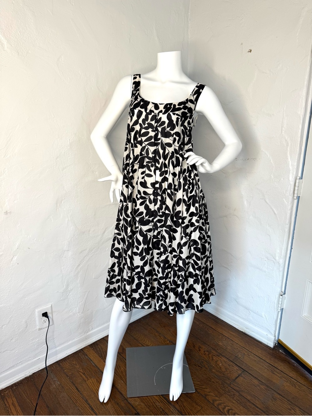 2000s Dolce & Gabbana Black and White Leaf Silk Trapeze Dress